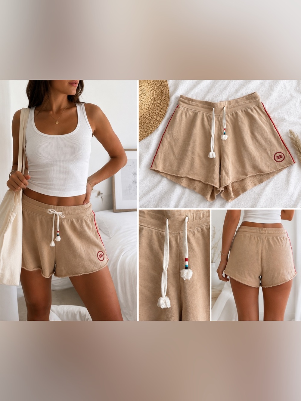 Anthropologie Sol Angeles Tan Beige and Red Lounge Shorts Size Small